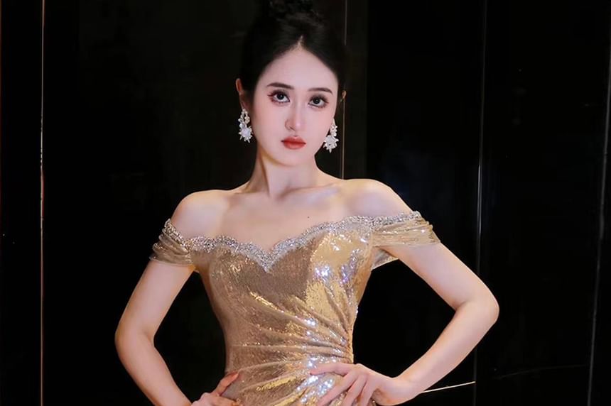Off-Shoulder Asymmetrical Sequined Mermaid Evening Gown
