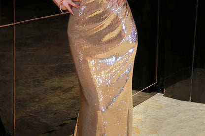 Off-Shoulder Asymmetrical Sequined Mermaid Evening Gown