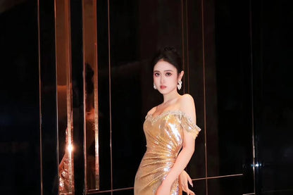 Off-Shoulder Asymmetrical Sequined Mermaid Evening Gown