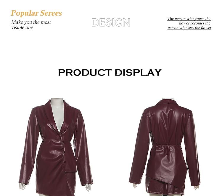 Long-Sleeve Faux Leather Shirred Blazer & Asymmetrical Buttoned Mini Skirt
