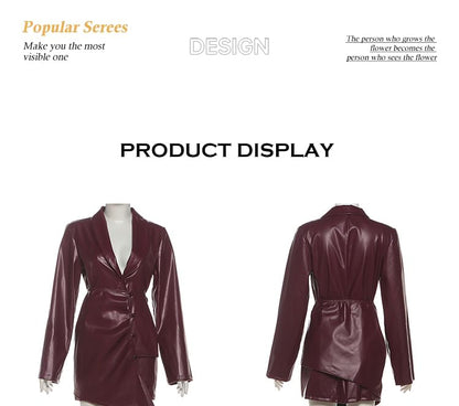 Long-Sleeve Faux Leather Shirred Blazer & Asymmetrical Buttoned Mini Skirt