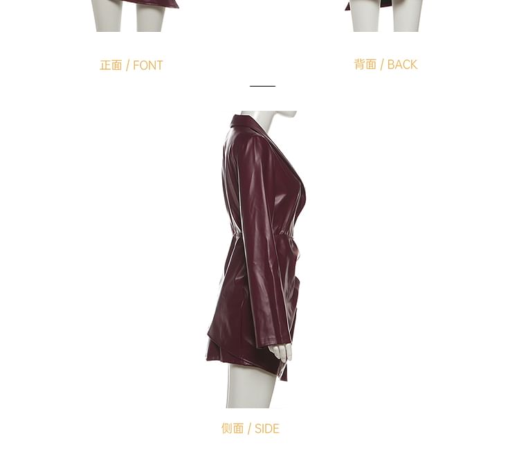 Long-Sleeve Faux Leather Shirred Blazer & Asymmetrical Buttoned Mini Skirt