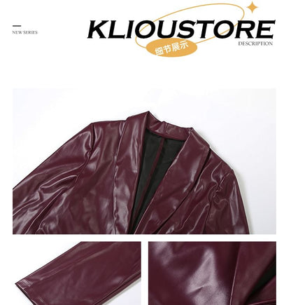 Long-Sleeve Faux Leather Shirred Blazer & Asymmetrical Buttoned Mini Skirt