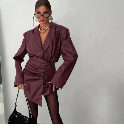 Long-Sleeve Faux Leather Shirred Blazer & Asymmetrical Buttoned Mini Skirt