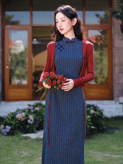 Short-Sleeve Striped Midi Qipao / Plain Tie Front Cardigan / Set