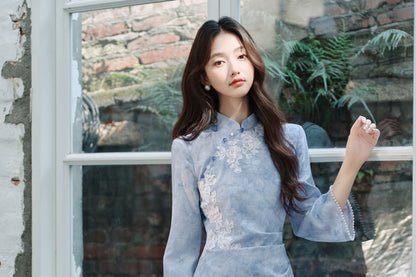 3/4-Sleeve Floral Tie Dye Midi Qipao