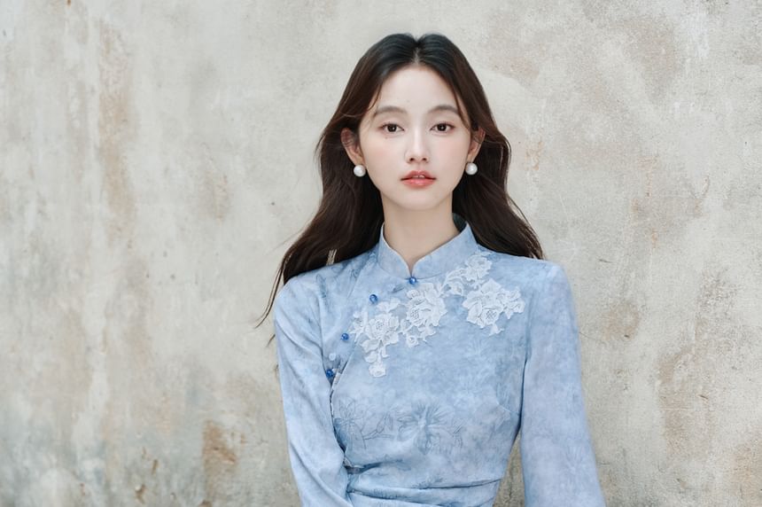 3/4-Sleeve Floral Tie Dye Midi Qipao