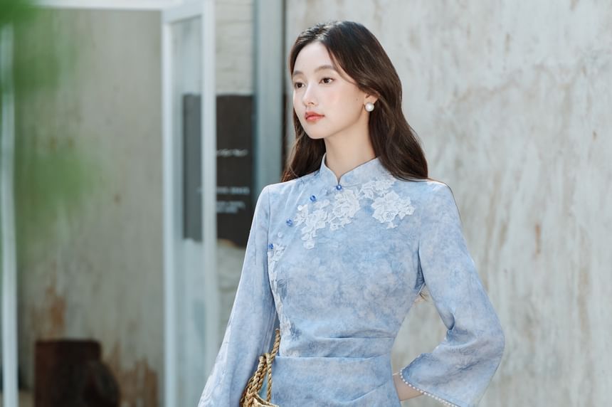3/4-Sleeve Floral Tie Dye Midi Qipao
