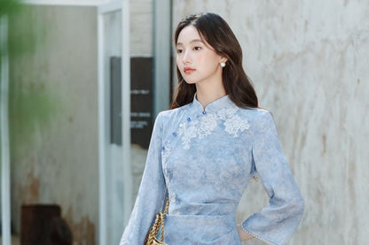 3/4-Sleeve Floral Tie Dye Midi Qipao