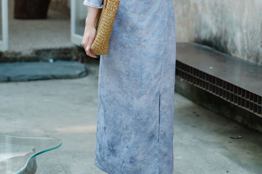 3/4-Sleeve Floral Tie Dye Midi Qipao