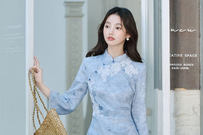 3/4-Sleeve Floral Tie Dye Midi Qipao