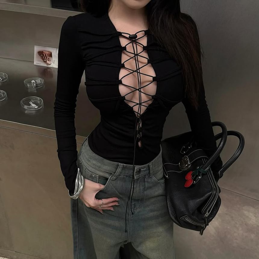 Long Sleeve Lace-Up Slim-Fit Tee