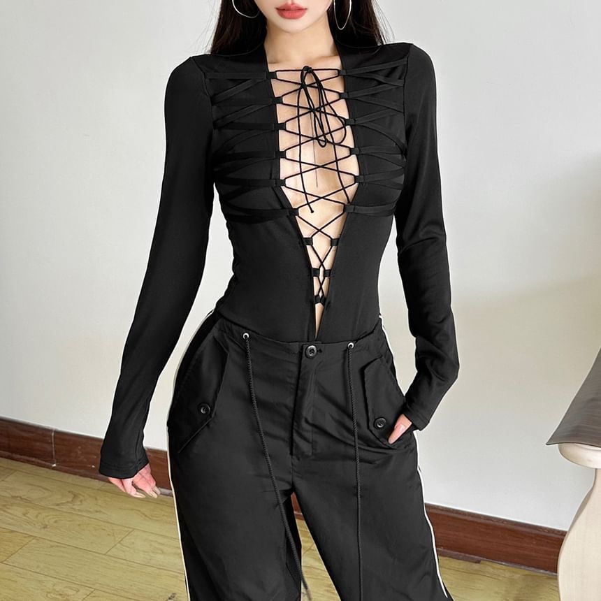 Long Sleeve Lace-Up Slim-Fit Tee