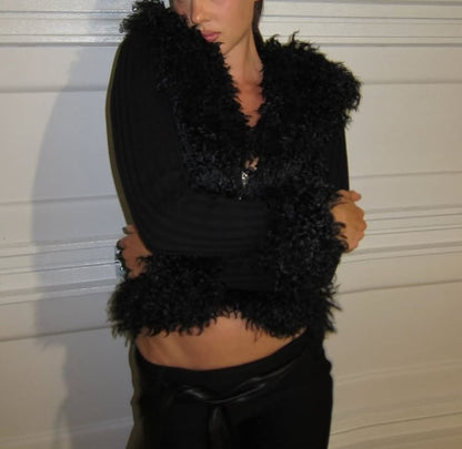 Long Sleeve V-Neck Plain Faux Fur Zip-Up Cardigan