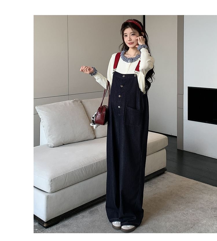 Maternity Set: Ruffled Round-Neck Top with Wide-Leg Jumper Jeans