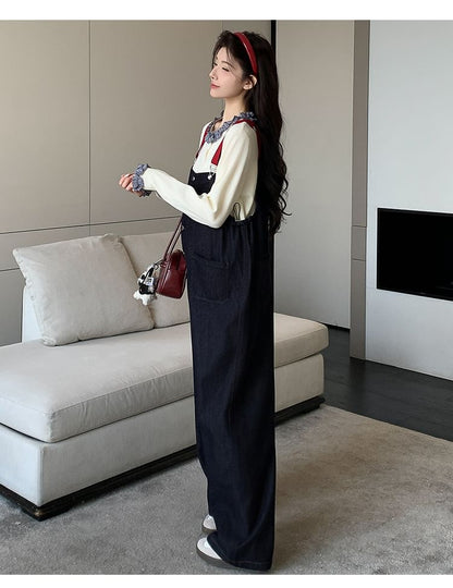Maternity Set: Ruffled Round-Neck Top with Wide-Leg Jumper Jeans