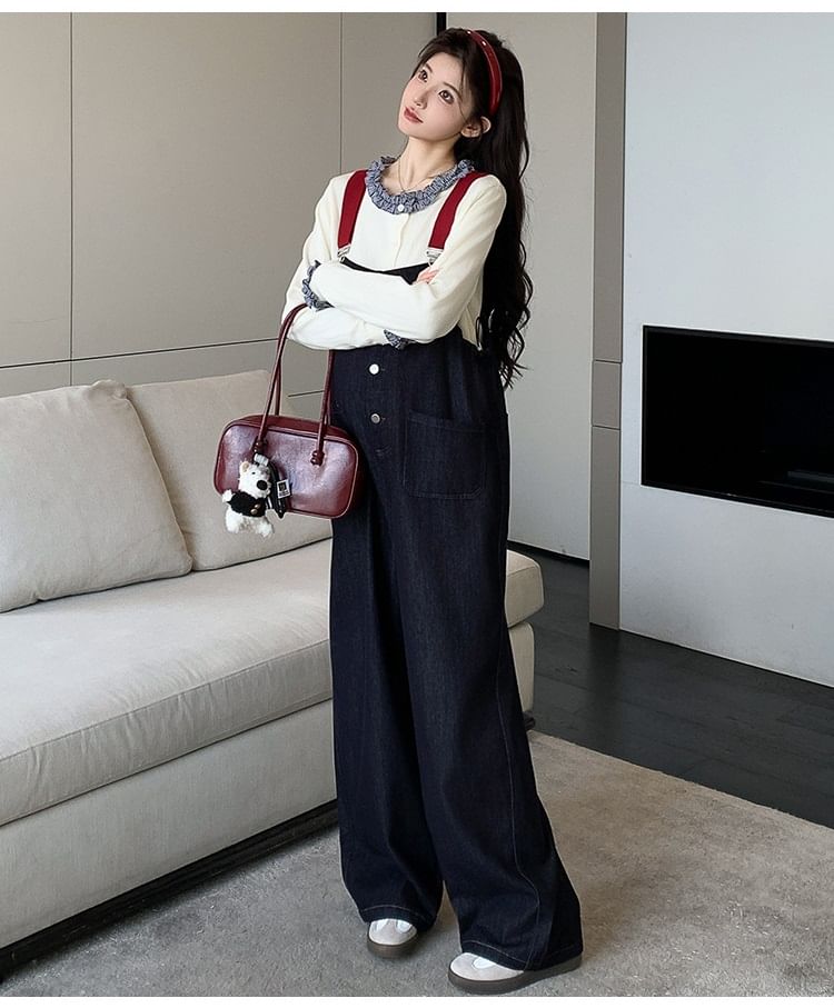 Maternity Set: Ruffled Round-Neck Top with Wide-Leg Jumper Jeans