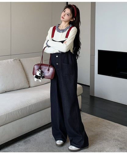 Maternity Set: Ruffled Round-Neck Top with Wide-Leg Jumper Jeans