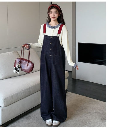 Maternity Set: Ruffled Round-Neck Top with Wide-Leg Jumper Jeans