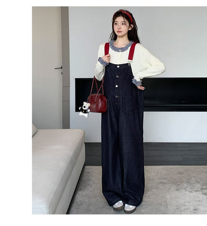 Maternity Set: Ruffled Round-Neck Top with Wide-Leg Jumper Jeans