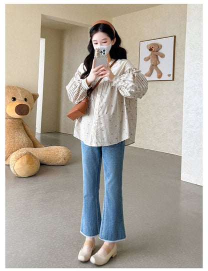 Maternity Striped Button-Front Blouse with Round Neck and Long Sleeves