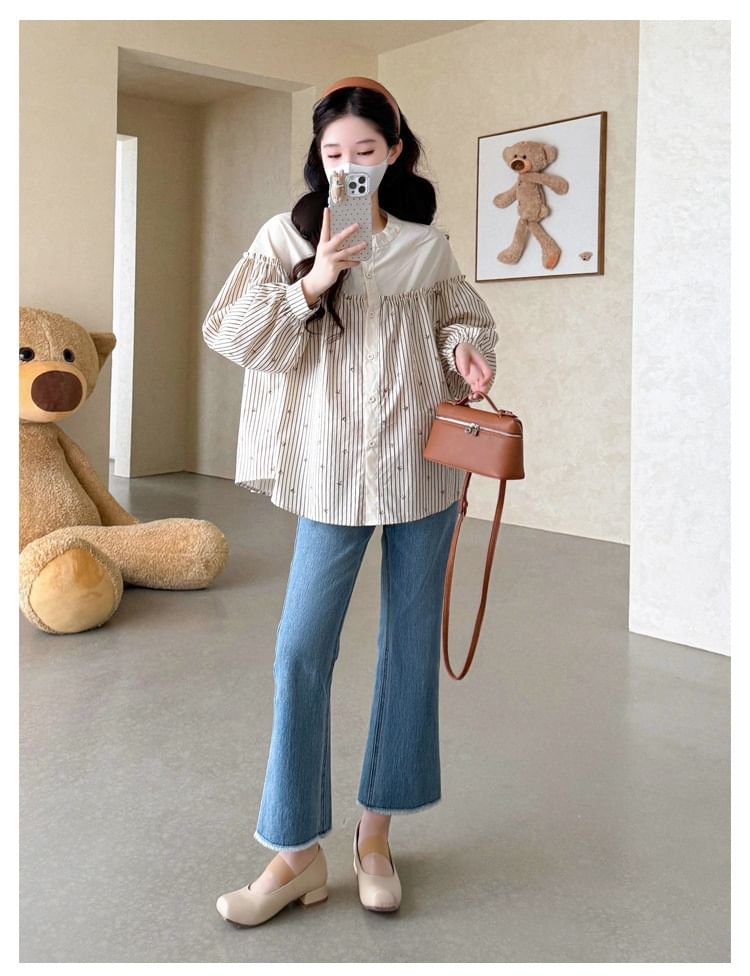 Maternity Striped Button-Front Blouse with Round Neck and Long Sleeves