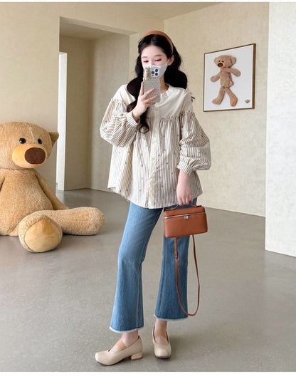 Maternity Striped Button-Front Blouse with Round Neck and Long Sleeves