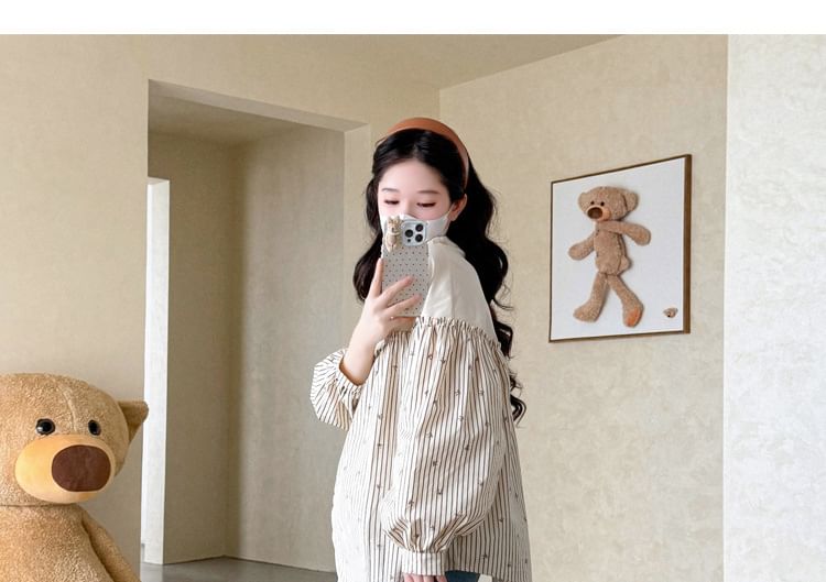 Maternity Striped Button-Front Blouse with Round Neck and Long Sleeves