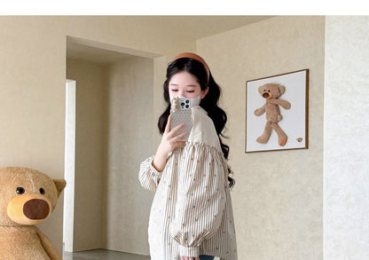 Maternity Striped Button-Front Blouse with Round Neck and Long Sleeves