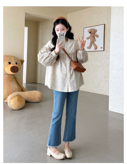 Maternity Striped Button-Front Blouse with Round Neck and Long Sleeves