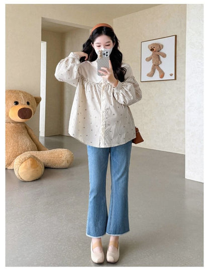 Maternity Striped Button-Front Blouse with Round Neck and Long Sleeves