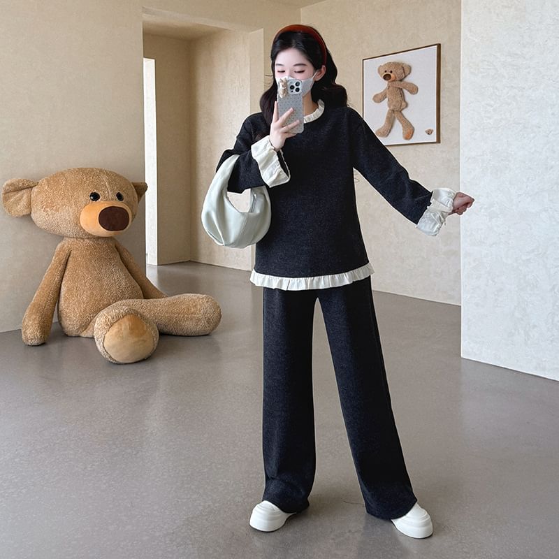 Maternity Set: Ruffled Round-Neck Pullover with Wide-Leg Trousers