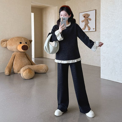 Maternity Set: Ruffled Round-Neck Pullover with Wide-Leg Trousers