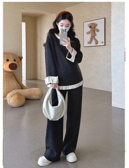 Maternity Set: Ruffled Round-Neck Pullover with Wide-Leg Trousers
