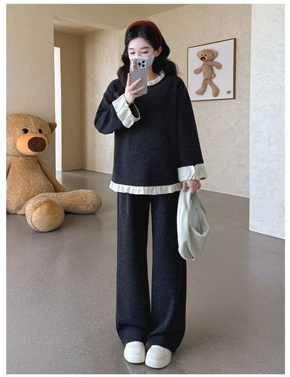 Maternity Set: Ruffled Round-Neck Pullover with Wide-Leg Trousers