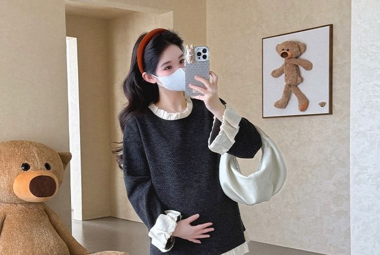 Maternity Set: Ruffled Round-Neck Pullover with Wide-Leg Trousers