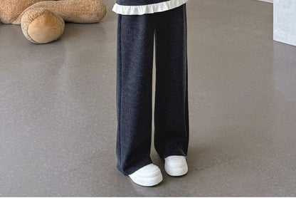 Maternity Set: Ruffled Round-Neck Pullover with Wide-Leg Trousers