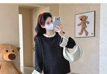 Maternity Set: Ruffled Round-Neck Pullover with Wide-Leg Trousers
