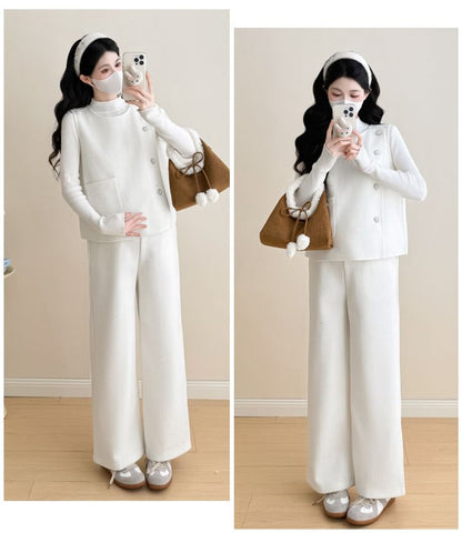 Maternity Set: Mock-Neck Knit Top, Button-Up Vest and Wide-Leg Pants