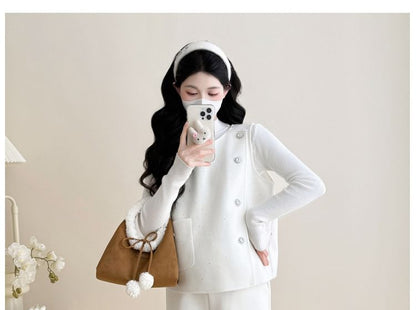 Maternity Set: Mock-Neck Knit Top, Button-Up Vest and Wide-Leg Pants