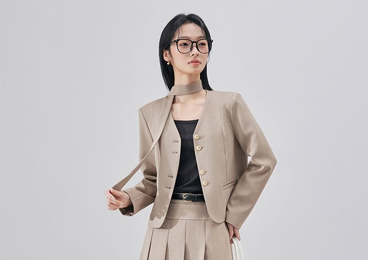 V-Neck Blazer & Accordion Pleated Midi A-Line Skirt