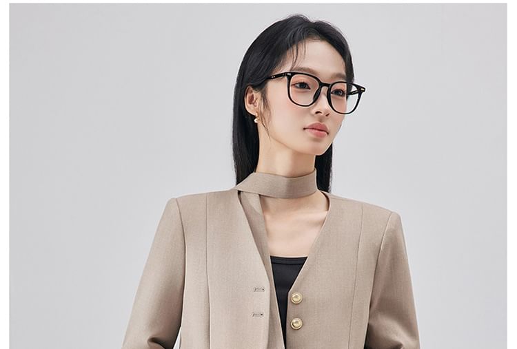 V-Neck Blazer & Accordion Pleated Midi A-Line Skirt