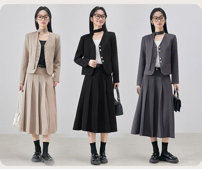 V-Neck Blazer & Accordion Pleated Midi Skirt Set