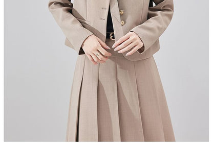 V-Neck Blazer & Accordion Pleated Midi Skirt Set