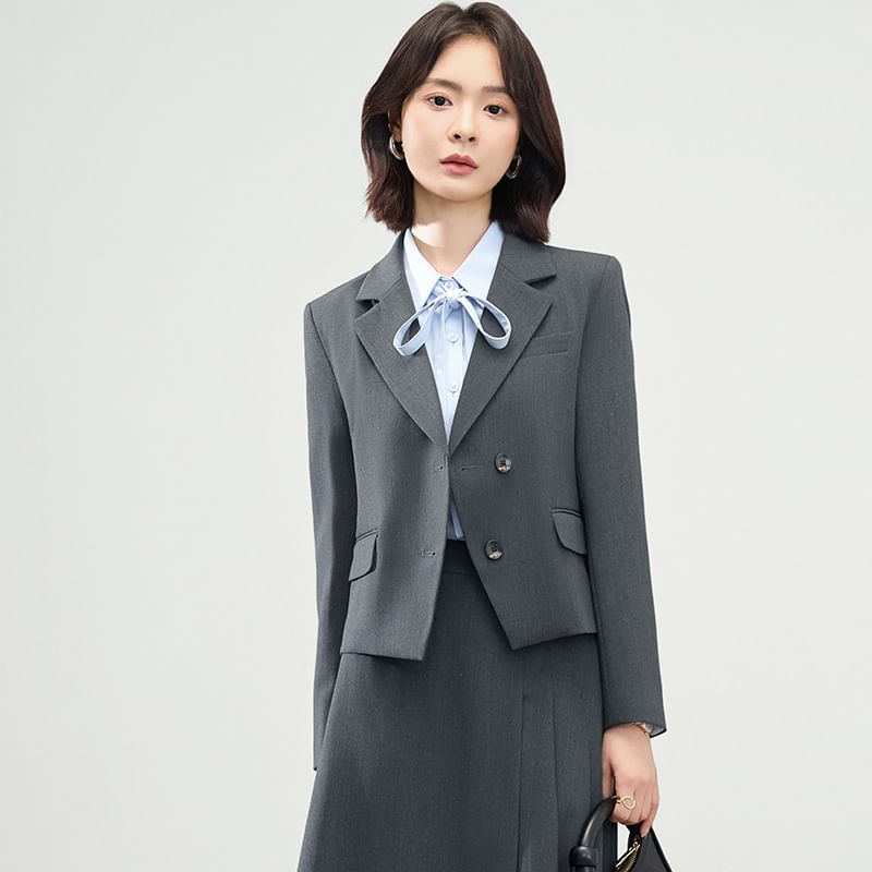 Double-Breasted Blazer & Pleated Asymmetrical A-Line Skirt Set