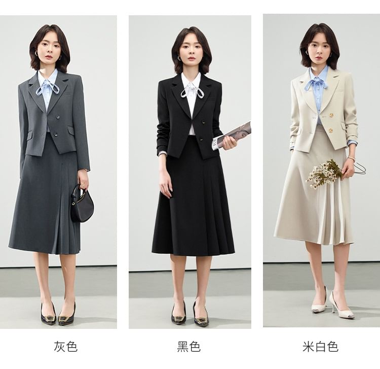 Double-Breasted Blazer & Pleated Asymmetrical A-Line Skirt Set