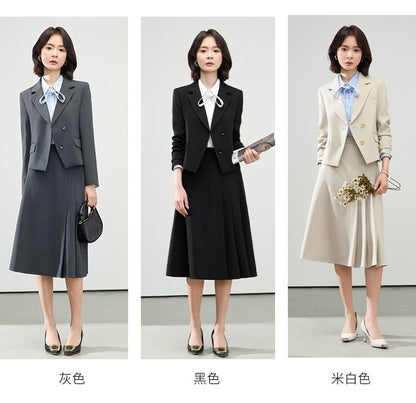 Double-Breasted Blazer & Pleated Asymmetrical A-Line Skirt Set