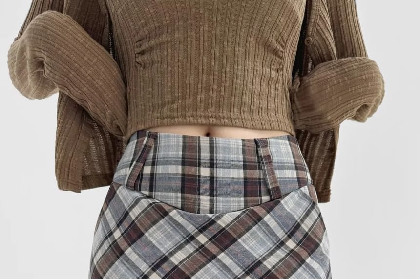 Plaid Mini Pencil Skirt with High Waist