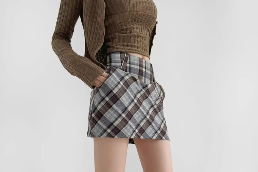Plaid Mini Pencil Skirt with High Waist