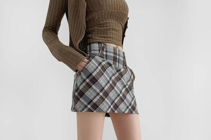 Plaid Mini Pencil Skirt with High Waist